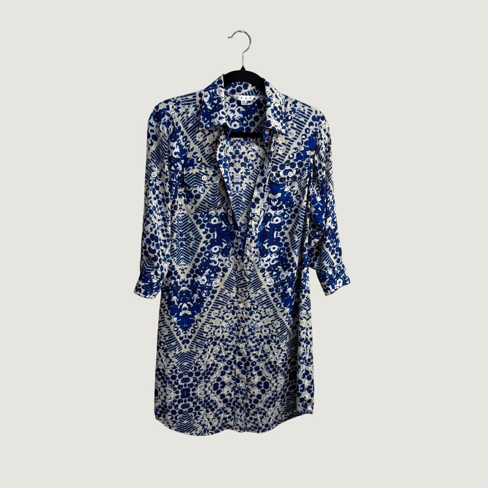 Cabi Blue Cream Geometric Kaleidoscope Print Button Down Shirt Dress Coastal XS